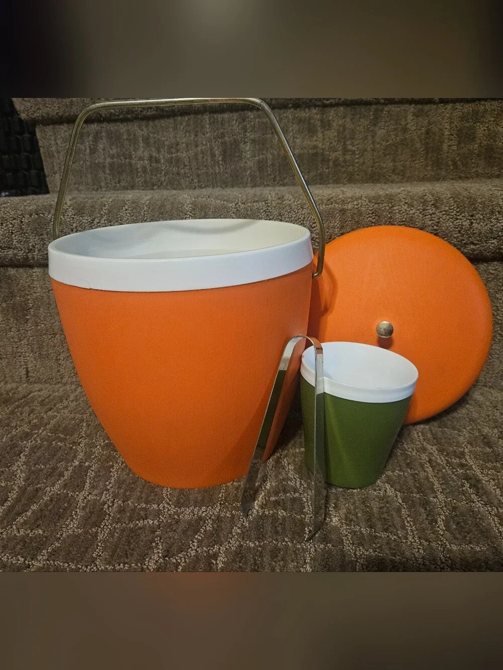 Vintage Retro Orange & White Ice Bucket With Green Cup & Tongs